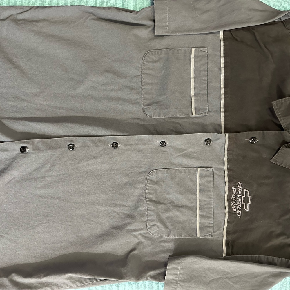 Gray and Black Button-Up Shirt with Logo